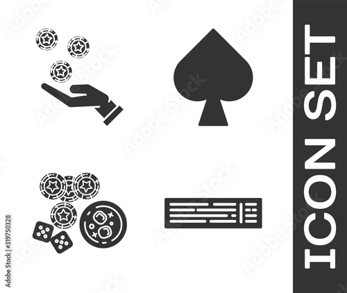 Set Deck of playing cards, Hand holding casino chips, Casino chips, game dice and glass of whiskey with ice cubes and Playing card with spades symbol icon. Vector