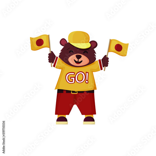 Happy bear holding a flags, dressed bear, fan bear, smiling cartoon animal with clothes