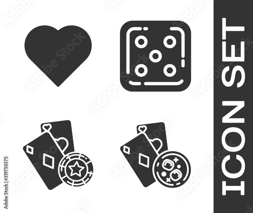 Set Playing cards and glass of whiskey with ice cubes, Playing card with heart symbol, Casino chip and playing cards and Game dice icon. Vector