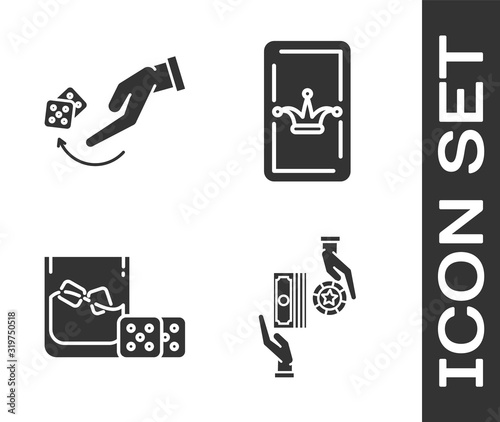 Set Casino chips exchange on stacks of dollars, Human hand throwing game dice, Game dice and glass of whiskey with ice cubes and Joker playing card icon. Vector