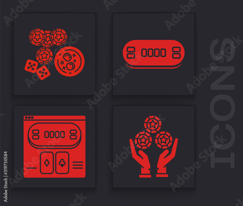 Set Hand holding casino chips, Casino chips, game dice and glass of whiskey with ice cubes, Poker table and Online poker table game icon. Vector