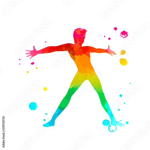 Color silhouette of a dancing man on white background. A male street dance hip hop dancer. Vector isolated man with watercolor texture for logo, sticker, banner, poster. Illustration for dance studio
