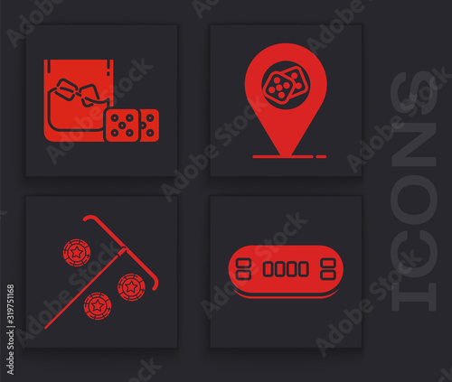 Set Poker table, Game dice and glass of whiskey with ice cubes, Casino location and Stick for chips icon. Vector