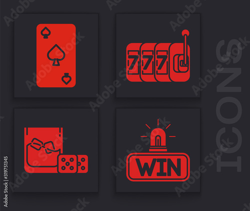 Set Casino win, Playing card with spades symbol, Slot machine with lucky sevens jackpot and Game dice and glass of whiskey with ice cubes icon. Vector