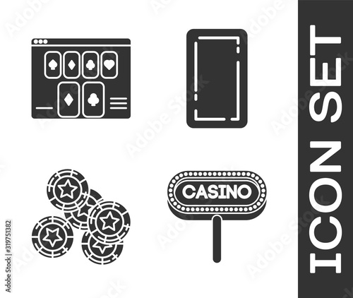 Set Casino signboard, Online poker table game, Casino chips and Playing card back icon. Vector