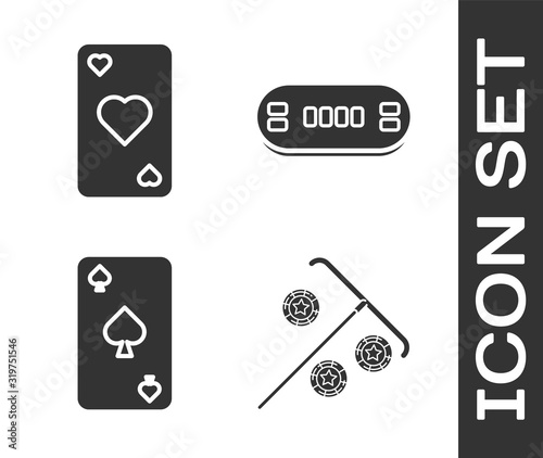 Set Stick for chips, Playing card with heart symbol, Playing card with spades symbol and Poker table icon. Vector