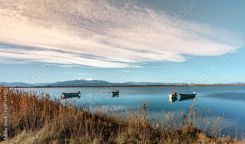 Fishingt boats on the Etang de Canet lagoon and Canigou in the background photo