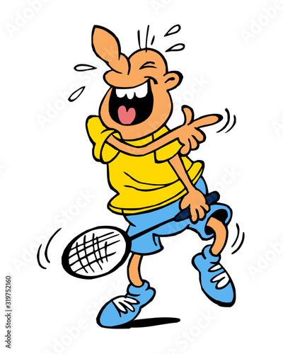 Badminton player with racket laughs and shows finger gesture  color cartoon joke