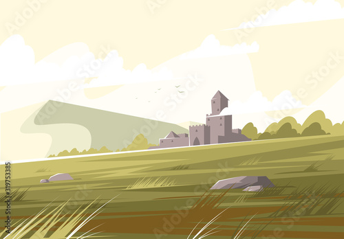 landscape with a medieval castle on the horizon