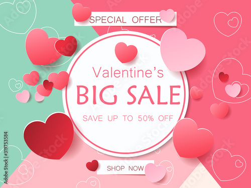 Big Valentines Day Sale. Greeting card, brochure or banner template. Vector illustration. big sale, poster template. Pink abstract background with hearts ornaments. 14 February 