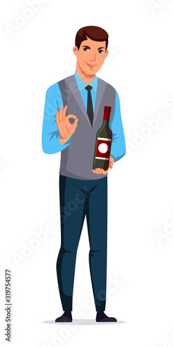 Man sommelier, salesman or restaurant waiter presenting wine bottle. Male character standing on white. Presentation beverage. Vector illustration.