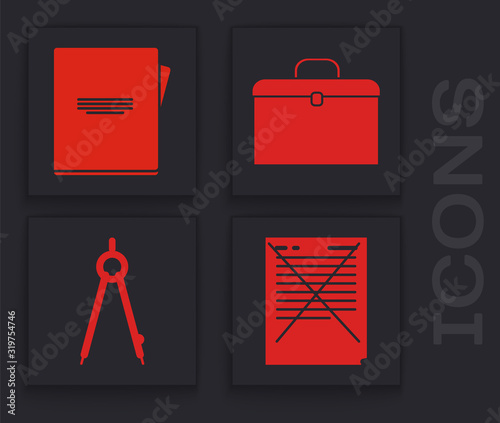 Set Exam paper with incorrect answers survey, Notebook, Briefcase and Drawing compass icon. Vector