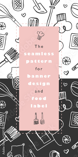 Bakery patterns and baking seamless doodle background for restaurant banner. Outline illustrations. Line bakery icons for logo of cooking class. Cooking food pattern. Trendy bakehouse emblem.