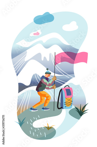Man on snow covered mountain top setting flag
