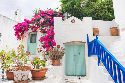 Fototapeta Naklejka Na Ścianę i Meble -  Greece travel landscape, traditional greek house with flowers in Paros island