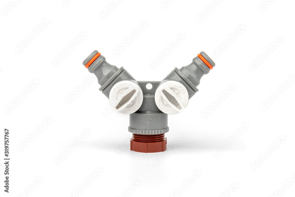 Y shaped garden hose connector for multiple hoses isolated on white background. Y shaped garden hose connector for multiple hoses isolated on white background.
