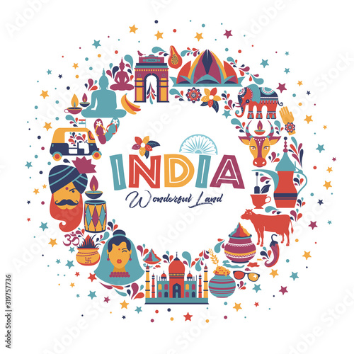 India set Asia country vector Indian architecture Asian traditions buddhism travel isolated icons and symbols in wreath.