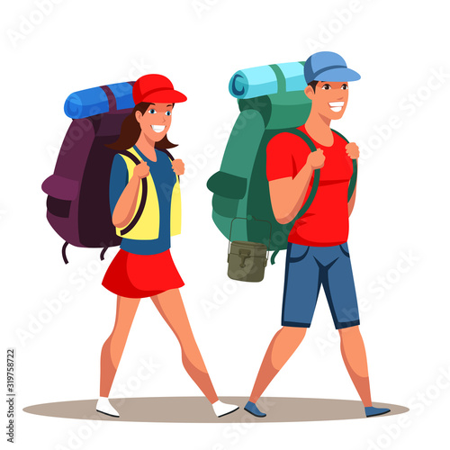 Young man and woman couple tourists with poles backpacks travelling