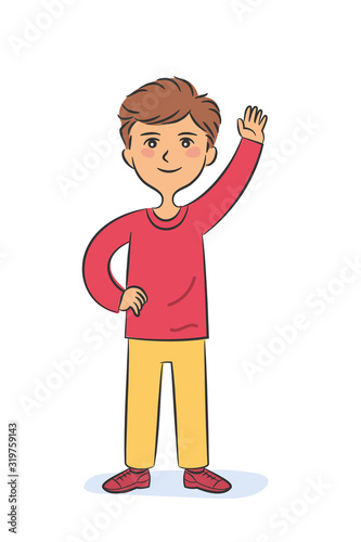 Smile schoolboy with raised hand standing on white