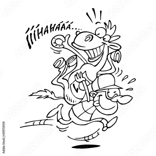 Jockey carries horse on his back and runs horse racing, black and white cartoon joke