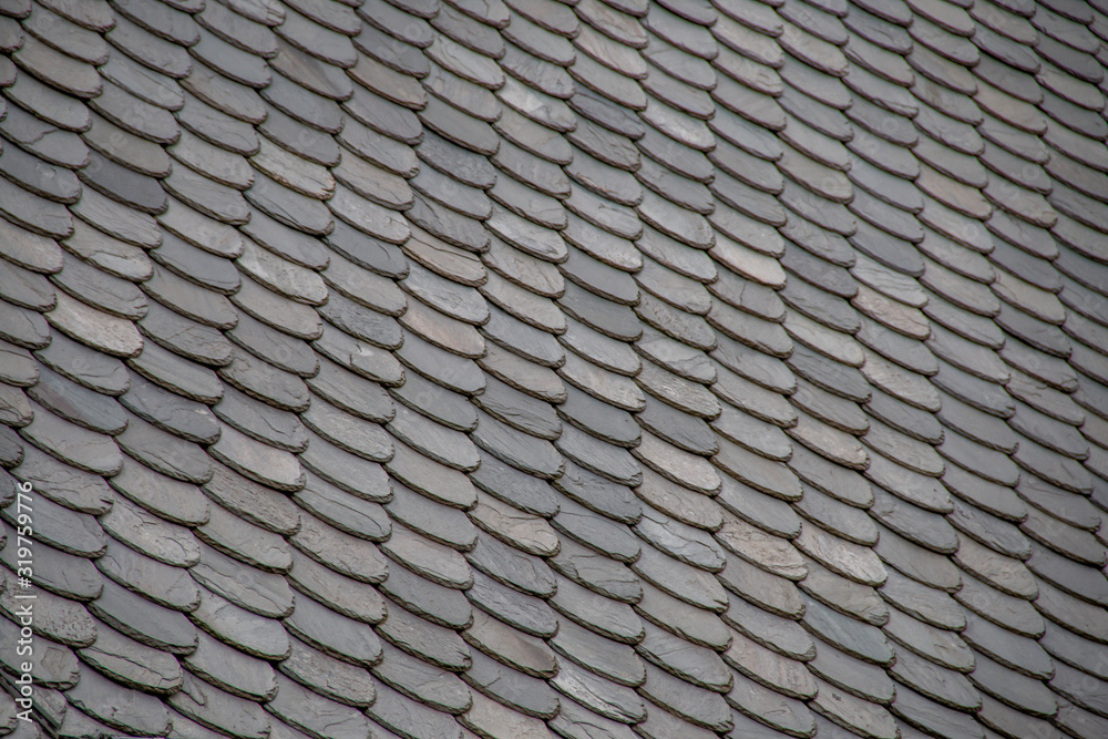 Circular gray slate shingles on a roof