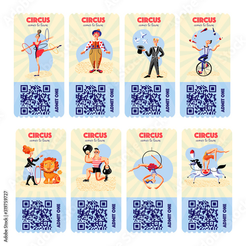 Flat circus tickets with QR code inviting to show