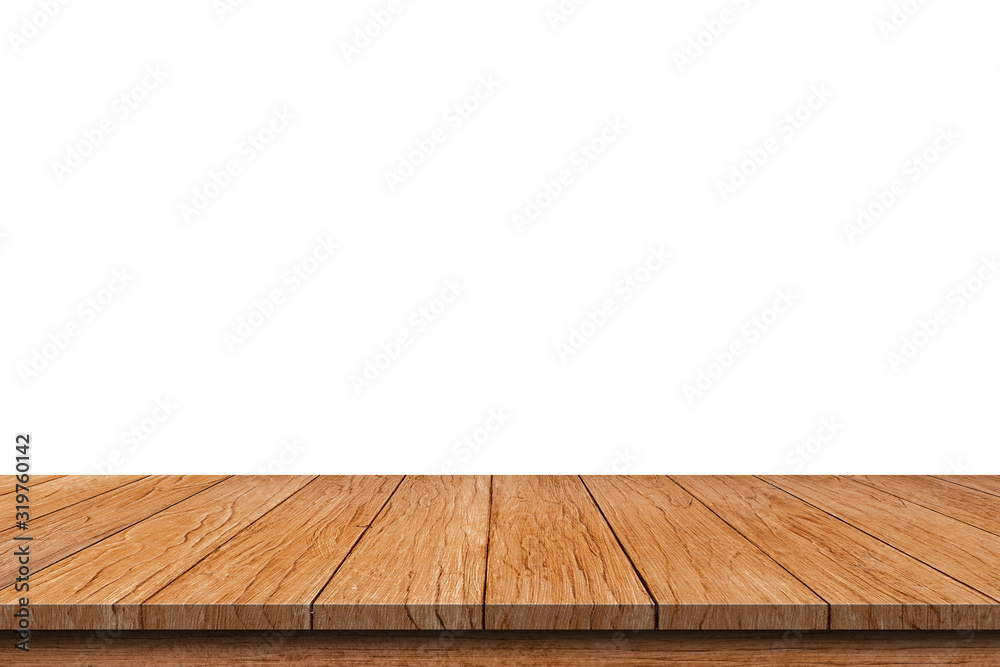 Brown empty wooden table top isolated on white background, used for product placement or Wooden board empty mock up for display of product.There are Clipping Paths for the designs and decoration Brown empty wooden table top isolated on white background, used for product placement or Wooden board empty mock up for display of product.There are Clipping Paths for the designs and decoration