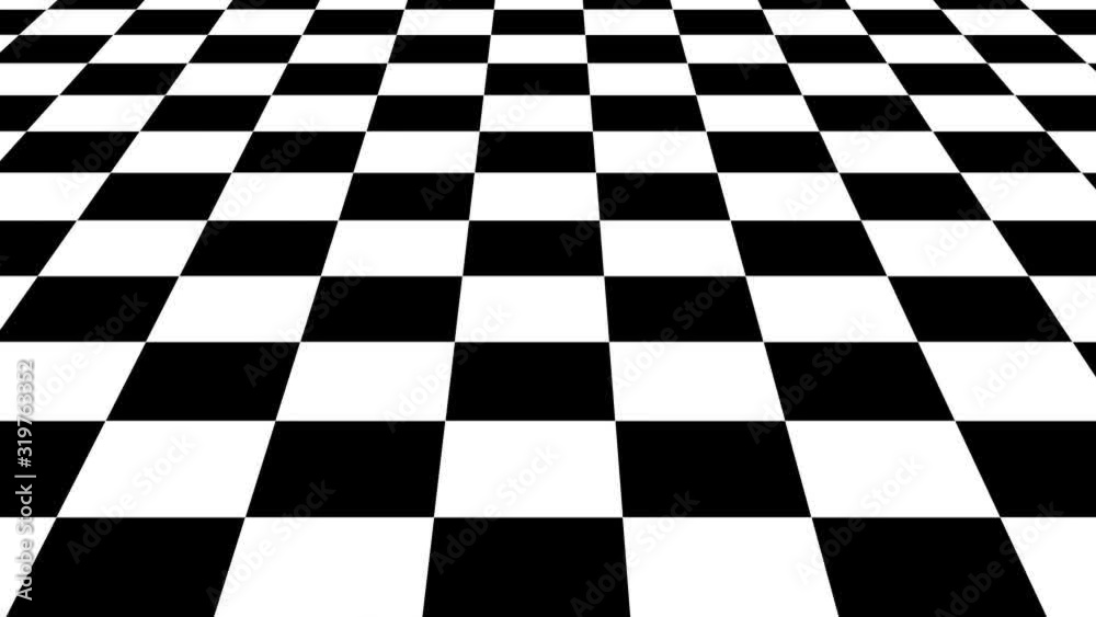 Hypnotic black and white checkerboard geometric monochrome tiles floor moving top to bottom, loopable