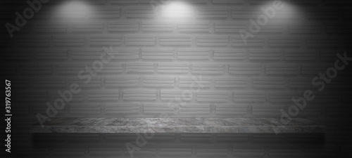 Empty cement or concrete shelf over on bare White block bricks wall background for design interior display products and web page.Loft style
