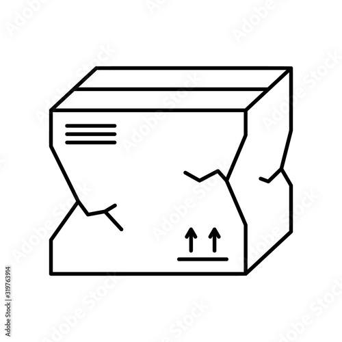 Broken package box icon. Linear template for delivery logo. Black simple illustration of problems with transportation and storage of goods. Contour isolated vector image on white background