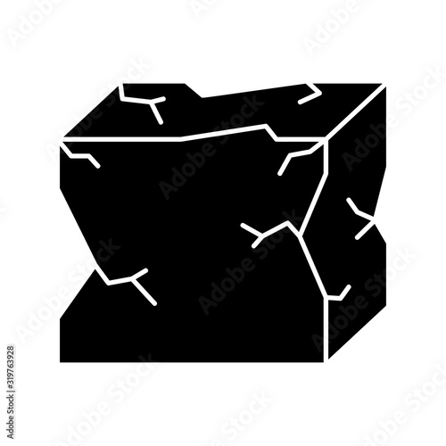 Cutout silhouette Crumpled cube box icon. Black illustration of damage, breakage, pain, damnification. Outline logo of building materials, cracked stone. Flat isolated vector image on white background