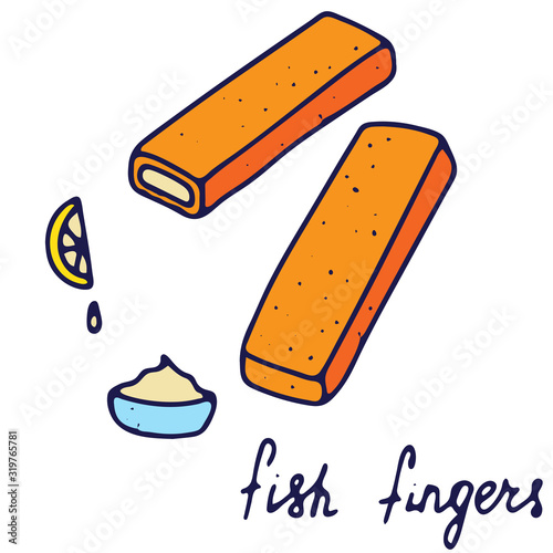 Hand drawn isolated food icon. Color fill illustration of snack.  Fish fingers icon.