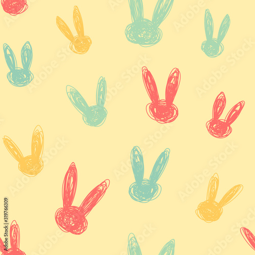 Seamless pattern with hand drawn scribble rabbits. Creative scandinavian kids texture for wrapping paper, fabric, textile
