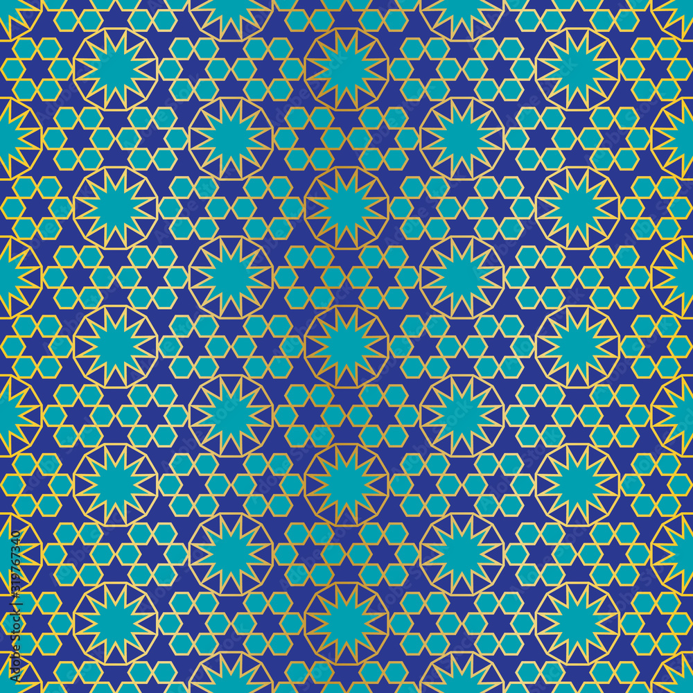 seamless blue gold Moroccan vector pattern