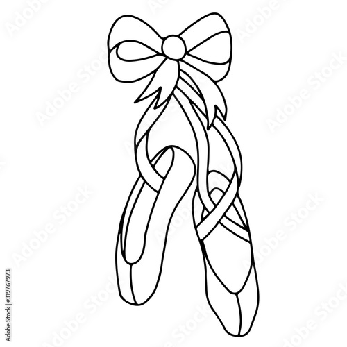 Hand drawn vector isolated ballet shoes. Ballet pointe shoes graphic sketch illustration. Dancing ponte shoes on the ribbon.
