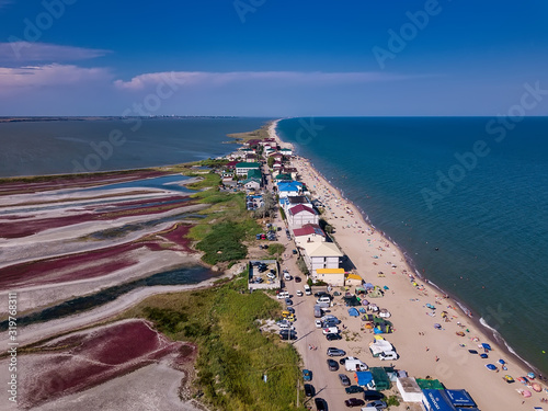 Curortnoe sea spit resort in Odessa region in Ukraine. Aerial view of beach and sea. photo