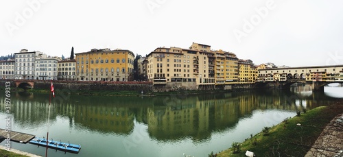 Fish-Eye View Of Buildings By Arno River Canal Against Clear Sky