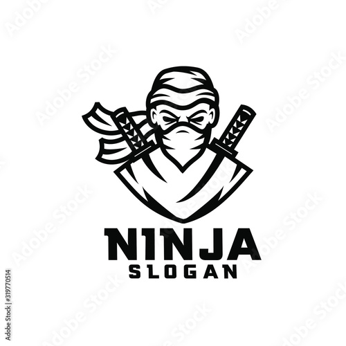 black white ninja character logo design cartoon