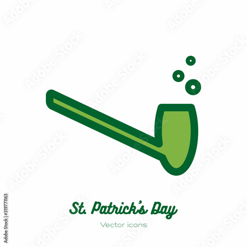 Saint Patricks day leprechaun smoke pipe, shamrock vector icon. Green line art flat icon for logo, sign, button. Minimalist st Patricks day menu, flyer, poster. Isolated Patrick tobacco pipe.
