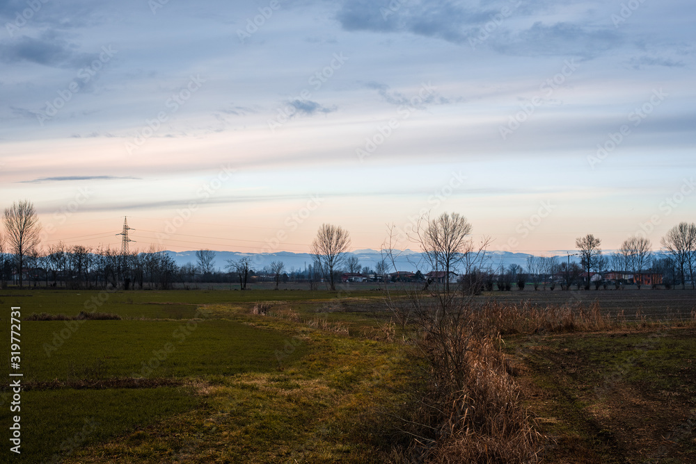 Rural landscape with view of the alps in northern Italy