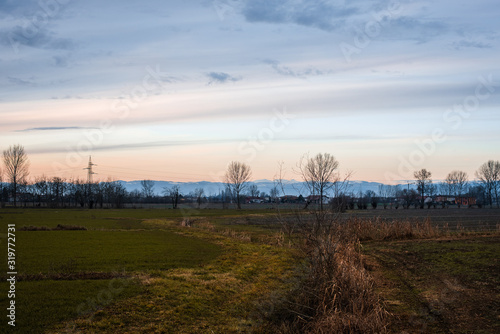 Rural landscape with view of the alps in northern Italy