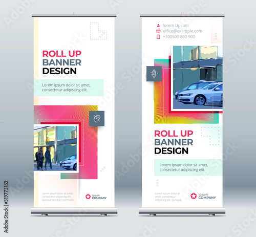 Blue Business Roll Up Banner. Abstract Roll up background for Presentation. Vertical roll up, x-stand, display, Retractable banner stand or flag design layout for conference, forum. Set - GB075.