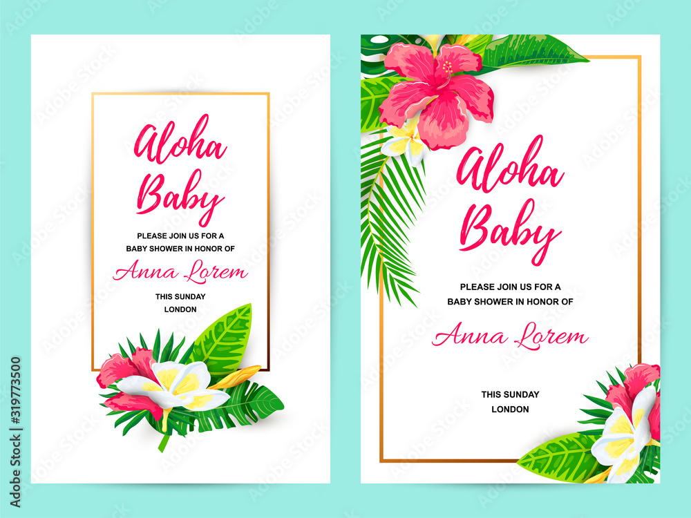 Invitations with tropical flowers, jungle leaves. Vector illustration summer templates. Place for text. Great for wedding, SPA flyer, beauty offer, poster, baby shower, bridal shower, tropical party.
