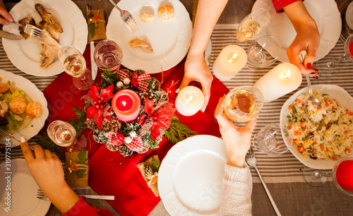 Top view of Christmas table with decilicous meals