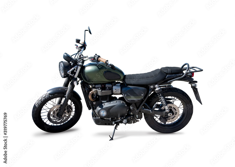 Street scrambler motorcycle side view isolated on white