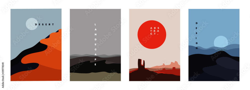 Fototapeta Landscape background, vector illustration. Geometric template with sunrise and sunset in desert in oriental style. Minimalistic abstract poster design