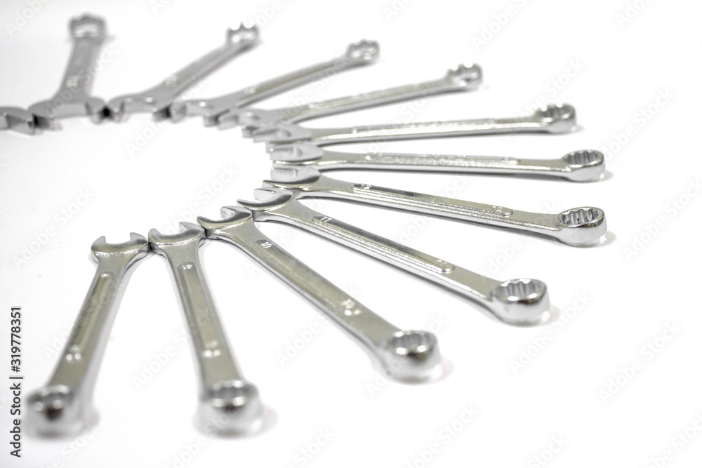 Side Ring Wrench Set on white background, Combinations wrenches, Car service. Side Ring Wrench Set on white background, Combinations wrenches, Car service.