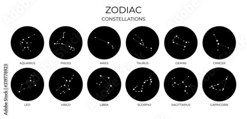 Set of all zodiac constellations on a white background, astrology, astronomy spiritual vector design elements for social media highlights