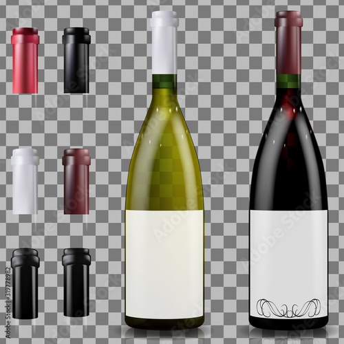 Red and white wine bottles. Caps or sleeves, closing the stopper