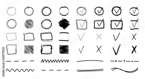 Doodle check marks and underlines. Vector set of black highlighters and check marks. Hand drawn strokes and pen markings V marks for list items